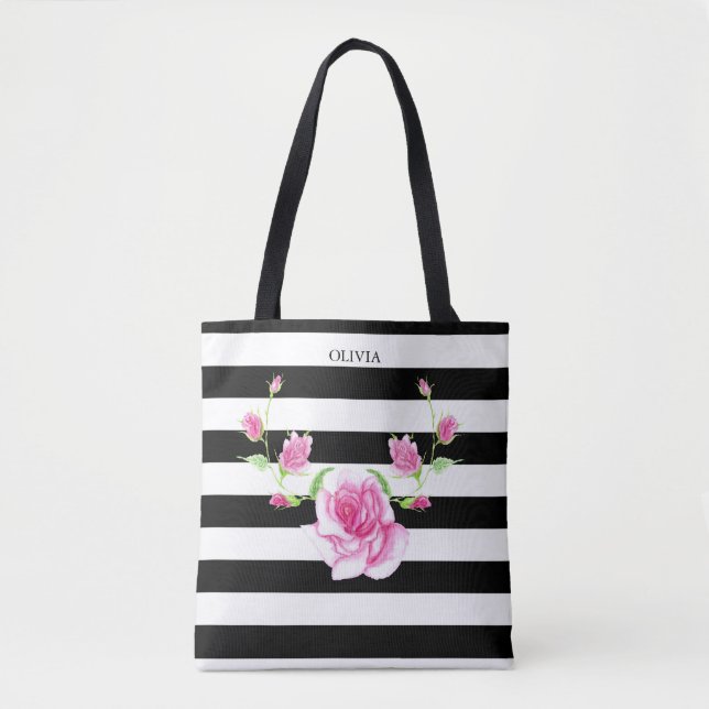 Stylish Striped | Pink Rose  Tote Bag (Front)