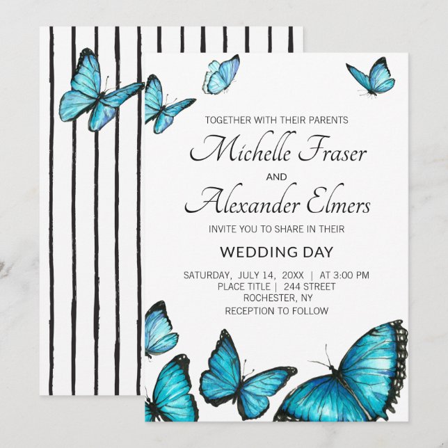 Stylish stripes black white. Butterflies Wedding Invitation (Front/Back)