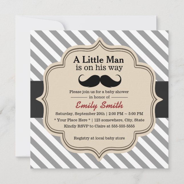 Stylish Stripes Mustache Little Man Baby Shower Invitation (Front)