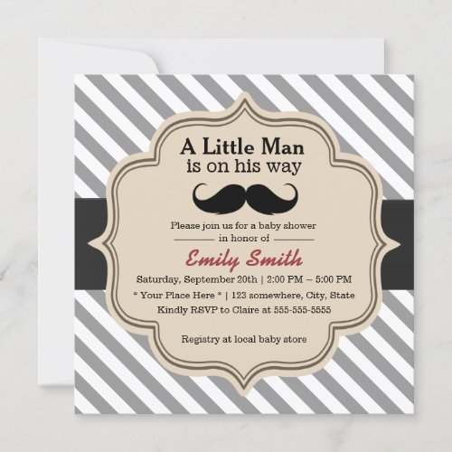 Stylish Stripes Mustache Little Man Baby Shower Custom Announcements