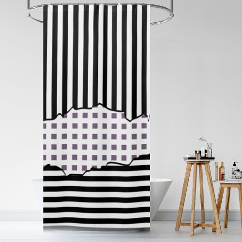 Stylish Stripes Net Black White Purple Layered  Shower Curtain