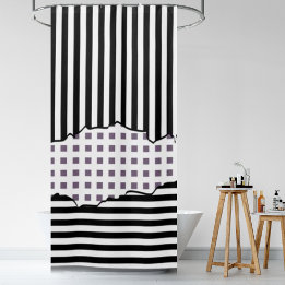 Stylish Stripes Tiles Black White Purple Layers Shower Curtain