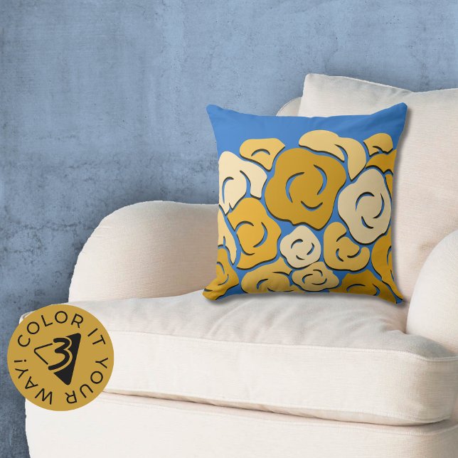 Stylish Stylized Flower Field Yellow & Blue Throw Pillow (Stylish Stylized Flower Field Yellow & Blue Throw Pillow, Color Customize)