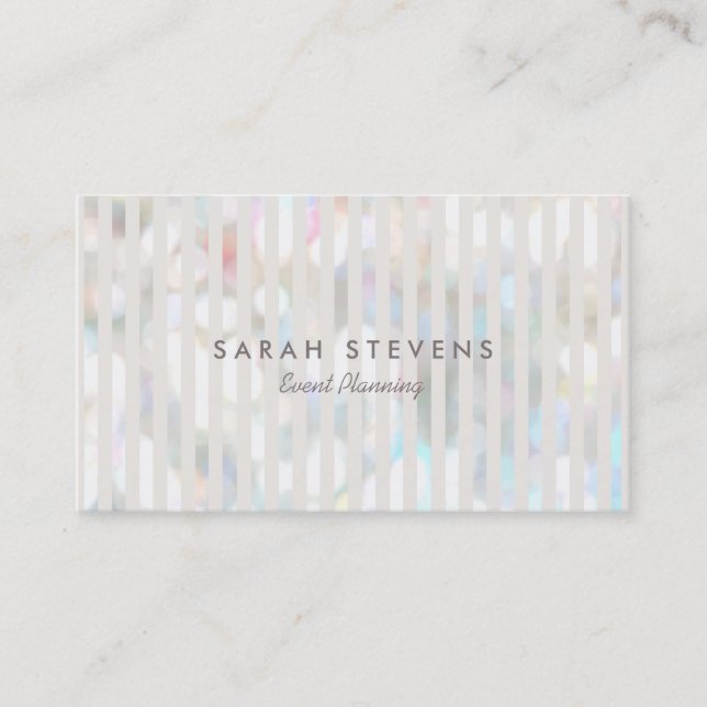 Stylish Subtle Bokeh White Stripes Event Planner Business Card (Front)
