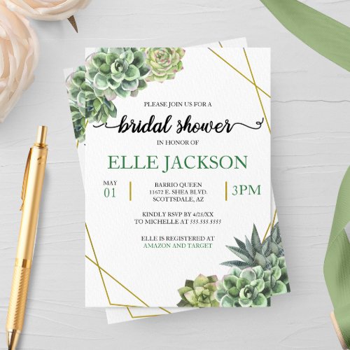 Stylish Succulents Geometric Frame Bridal Shower  Invitation