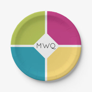 Stylish SUMMER COLORS Quadrants Monogram Paper Plates