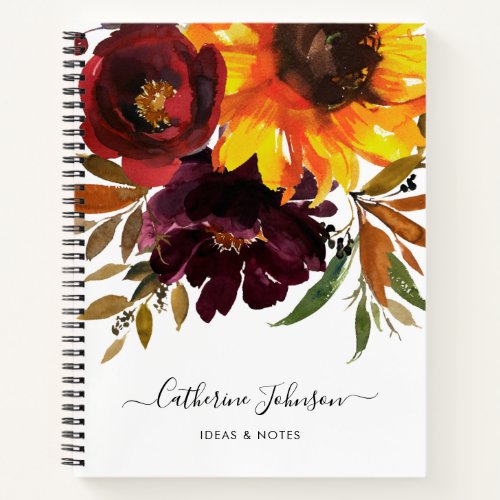 Stylish Sunflower Burgundy Rose Floral Watercolor Notebook
