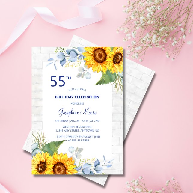 Stylish Sunflower White Grey Brick Floral Birthday Invitation (Creator Uploaded)