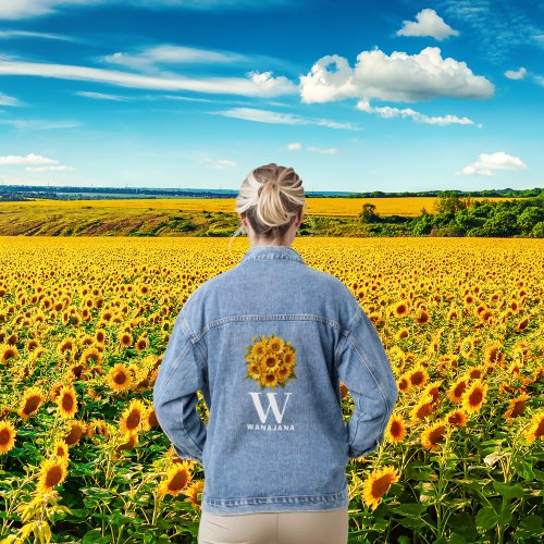 Stylish Sunflower White Monogram Womens Custom Denim Jacket