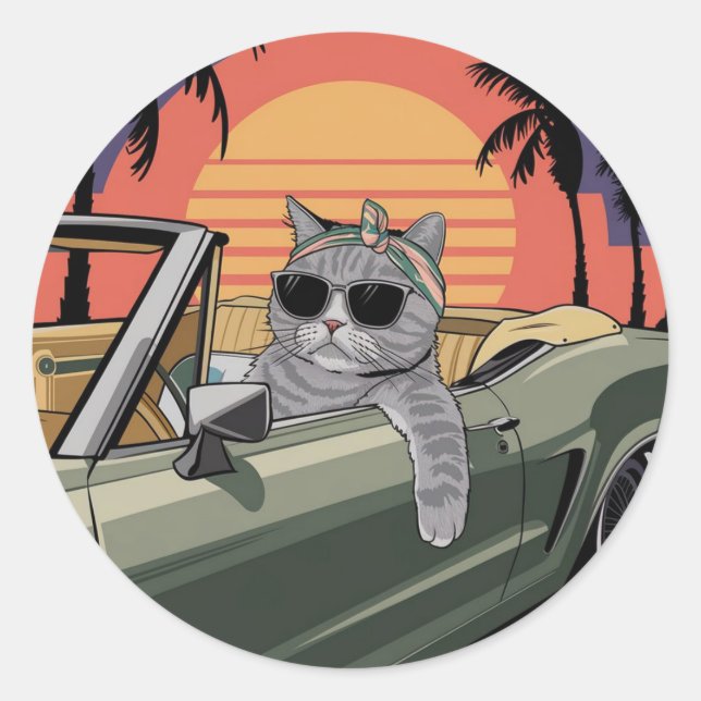 Stylish Sunset Cat Classic Round Sticker (Front)