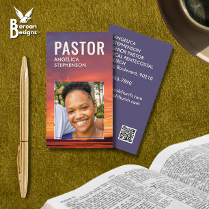 Stylish Sunset Logo QR Code Photo PASTOR Business Card