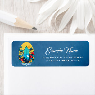 Stylish surfboard with lush tropical flowers. label