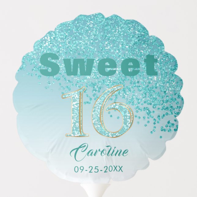 Stylish Sweet 16 Falling Teal Blue Glitter Balloon (Back)