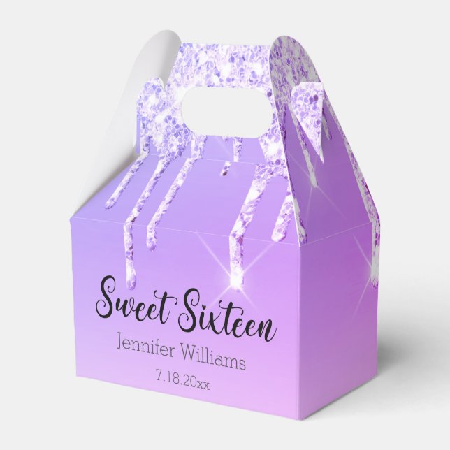 stylish sweet 16 purple silver dripping glitters   favor boxes (Front Side)