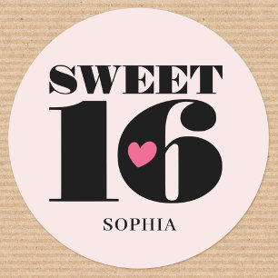 Stylish Sweet Sixteen Birthday Custom Name Pink Classic Round Sticker