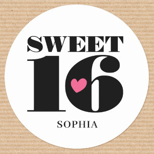 Stylish Sweet Sixteen Birthday Custom Name White Classic Round Sticker