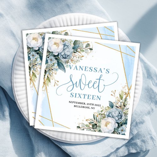 Stylish Sweet Sixteen Dusty Blue Greenery Party   Paper Dinner Napkins
