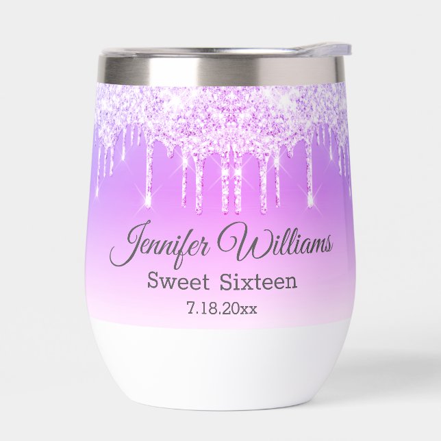 stylish sweet sixteen pink dripping glitters chic  thermal wine tumbler (Left)