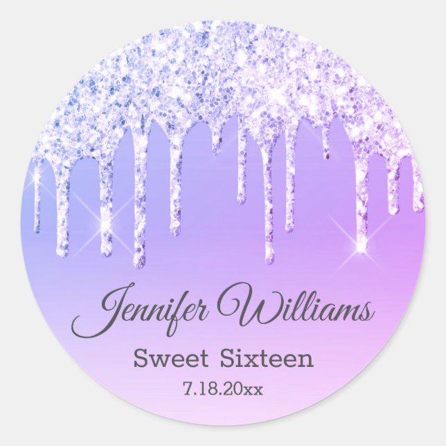 stylish sweet sixteen purple dripping glitters  classic round sticker (Front)