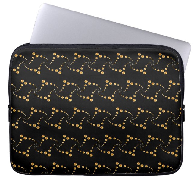 Stylish swirling golden polka dots on black laptop sleeve (Front)