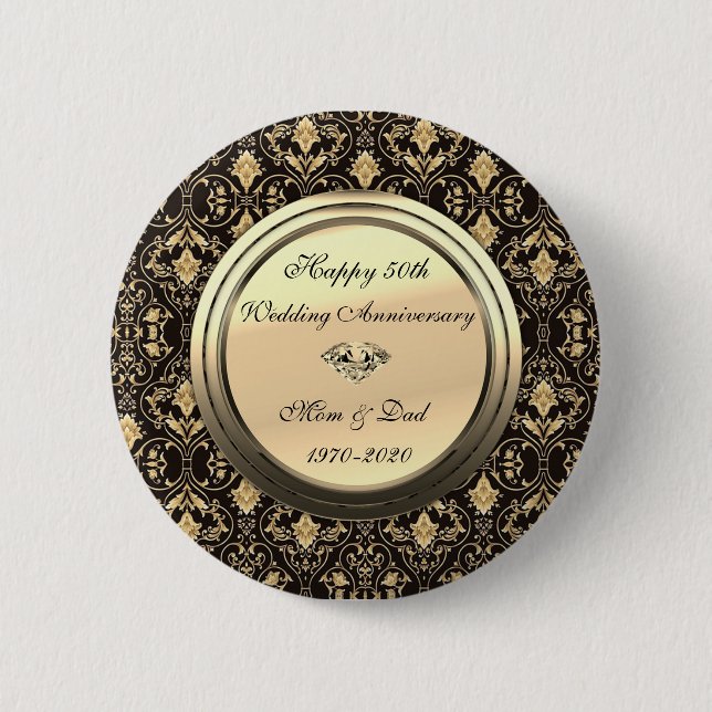 Stylish Swirls Black 50th Wedding Anniversary Button (Front)