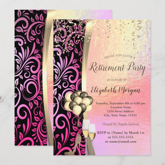 Stylish Swirls Glas,High Heels,Retirement   Invitation (Front/Back)