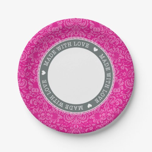 STYLISH TABLE damask made with love grey pink Paper Plates