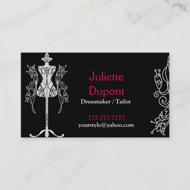 Stylish Tailor Dressmaker black Business Card (Front)