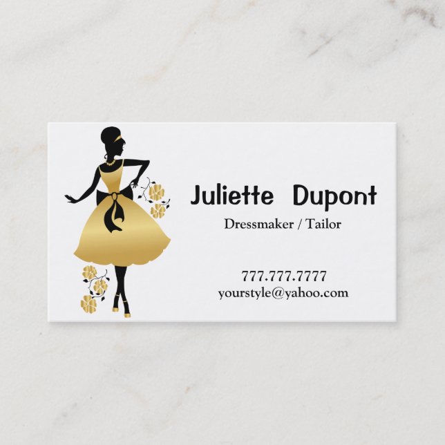 Stylish Tailor Dressmaker black Business Card (Front)