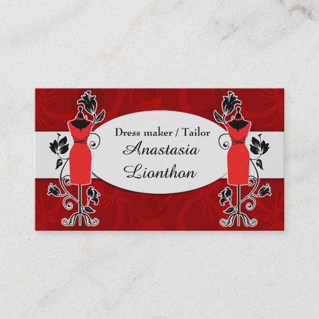 Stylish Tailor Dressmaker red Business Card (Front)
