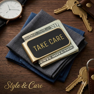 Stylish Take Care Custom Text Black Gold Finish Money Clip