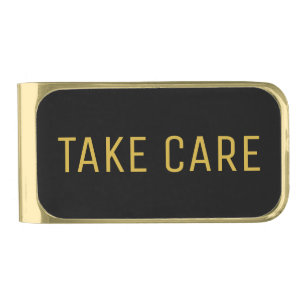 Stylish Take Care Custom Text Black Gold Gold Finish Money Clip