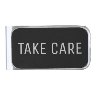 Stylish Take Care Custom Text Black Silver Finish Money Clip