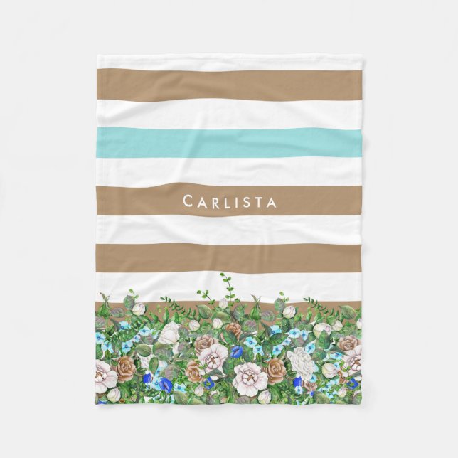 Stylish Tan and Aqua Floral and Stripes With Name Fleece Blanket (Front)