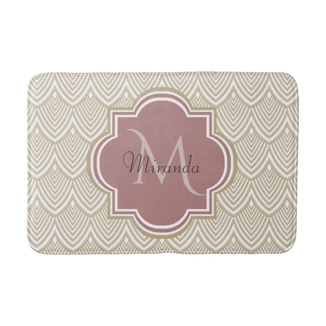 Stylish Tan Arched Scallops Mauve Monogram Name Bathroom Mat (Front)