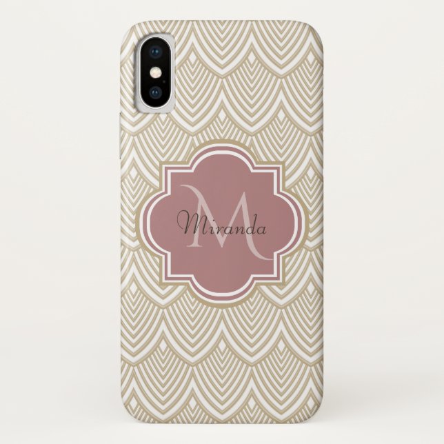 Stylish Tan Arched Scallops Mauve Monogram Name Case-Mate iPhone Case (Back)