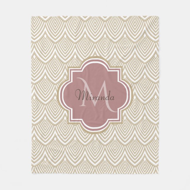 Stylish Tan Arched Scallops Mauve Monogram Name Fleece Blanket (Front)