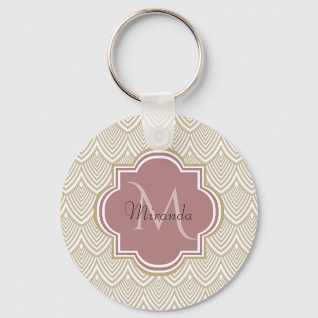 Stylish Tan Arched Scallops Mauve Monogram Name Keychain (Front)