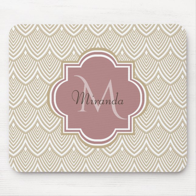 Stylish Tan Arched Scallops Mauve Monogram Name Mouse Pad (Front)