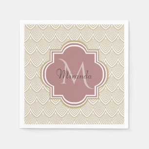 Stylish Tan Arched Scallops Mauve Monogram Name Paper Napkins