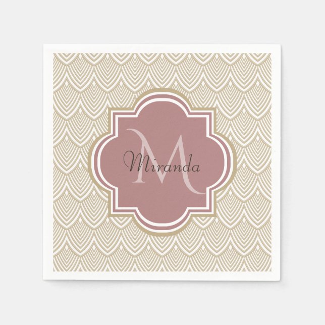 Stylish Tan Arched Scallops Mauve Monogram Name Paper Napkins (Front)