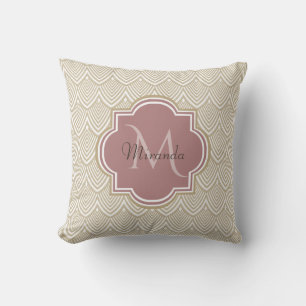 Stylish Tan Arched Scallops Mauve Monogram Name Throw Pillow