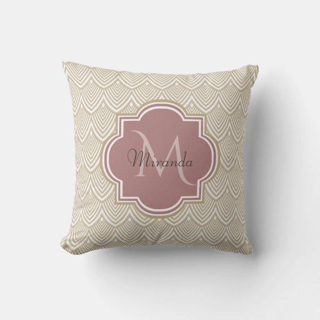 Stylish Tan Arched Scallops Mauve Monogram Name Throw Pillow (Front)
