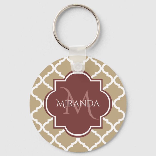 Stylish Tan Quatrefoil Burgundy Monogram and Name Keychain (Front)