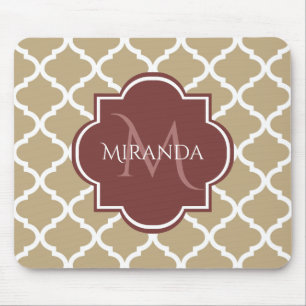 Stylish Tan Quatrefoil Burgundy Monogram and Name Mouse Pad