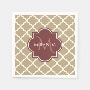 Stylish Tan Quatrefoil Burgundy Monogram and Name Paper Napkins