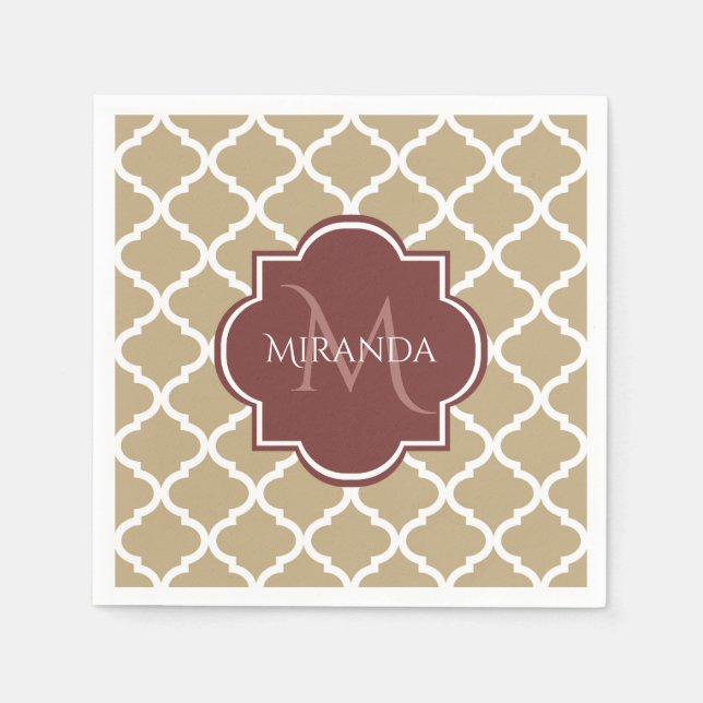Stylish Tan Quatrefoil Burgundy Monogram and Name Paper Napkins (Front)