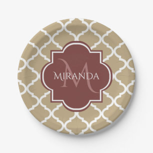 Stylish Tan Quatrefoil Burgundy Monogram and Name Paper Plates