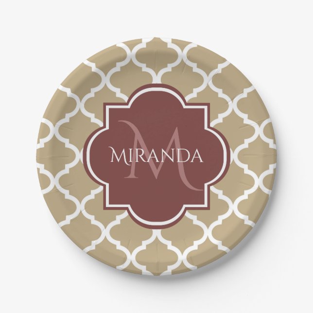 Stylish Tan Quatrefoil Burgundy Monogram and Name Paper Plates (Front)