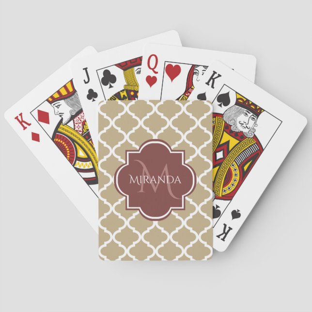 Stylish Tan Quatrefoil Burgundy Monogram and Name Poker Cards (Back)